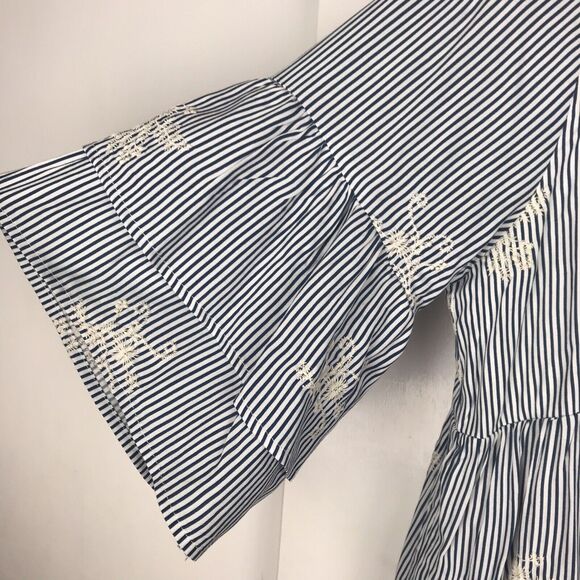 Lumiere Tiered Mini Dress Short Sleeve Embroidered Blue White Striped Size Small - Picture 2 of 8